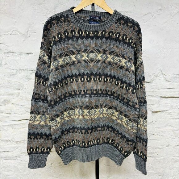 Vintage 90s Ramie Cotton Crewneck Sweater Tailors Row Finery Geometric Pattern - Picture 1 of 7